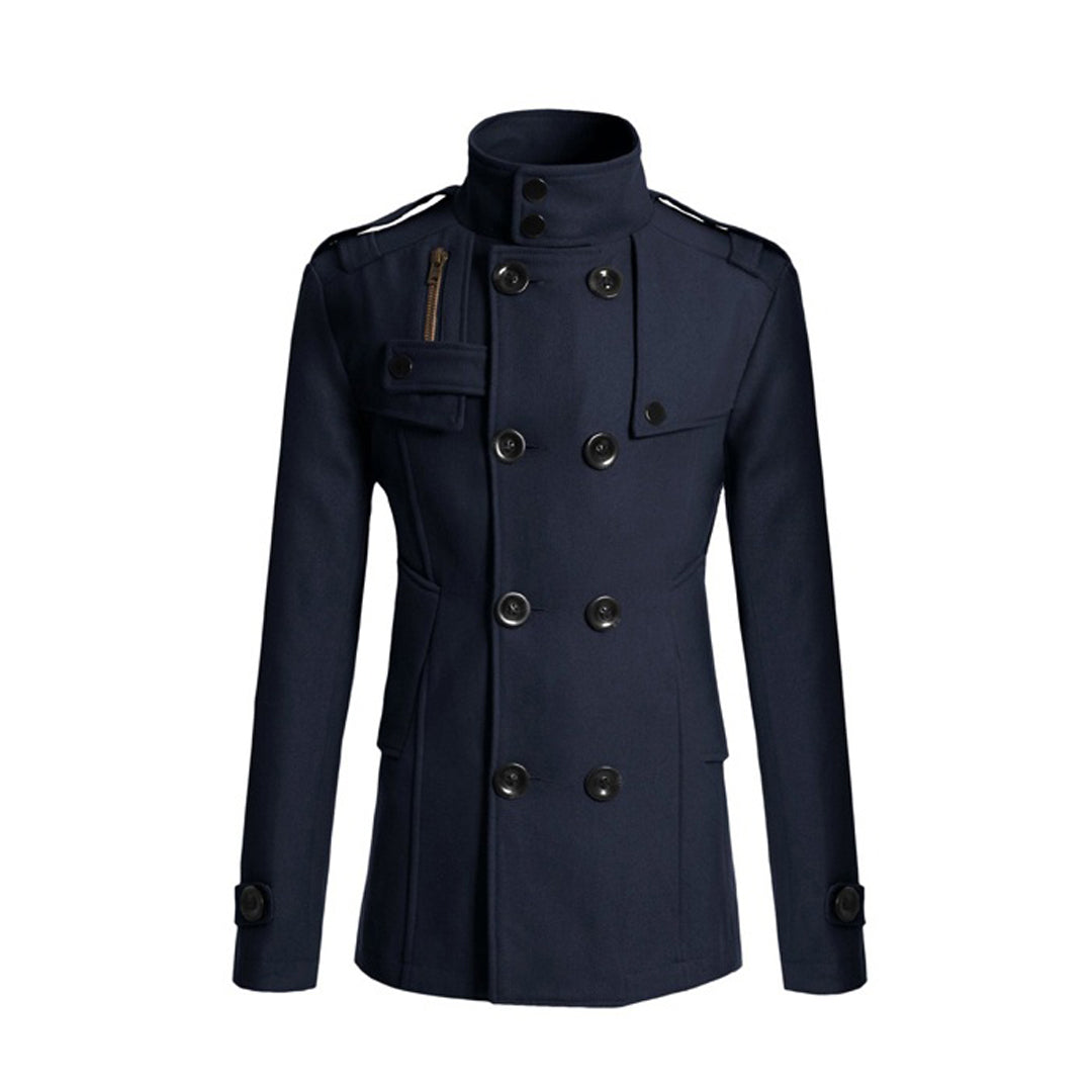 Men's wool-look double-breasted tailored coat with high collar in modern professional style