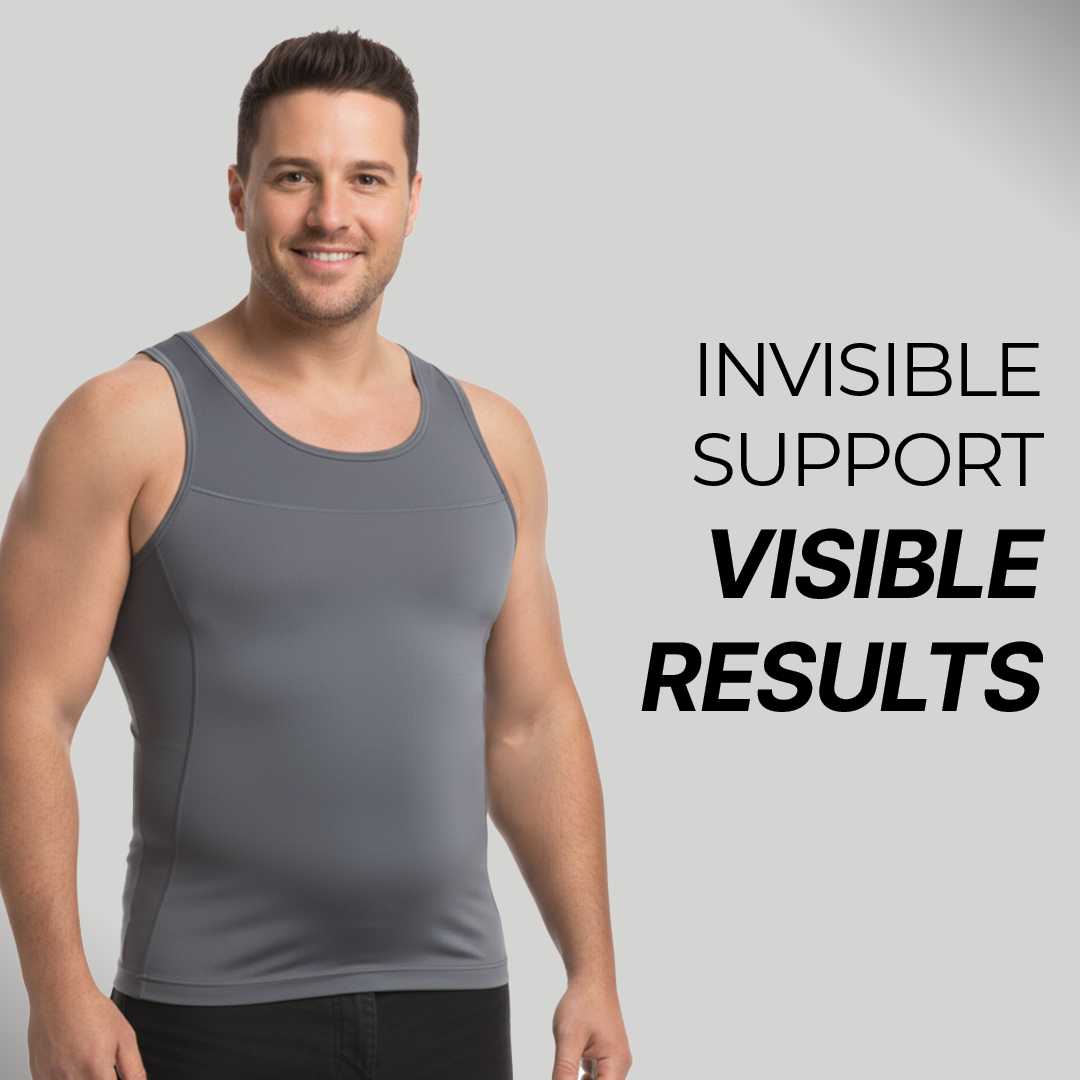 Men's black compression tank top with reinforced chest panels for smooth silhouette and all-day support