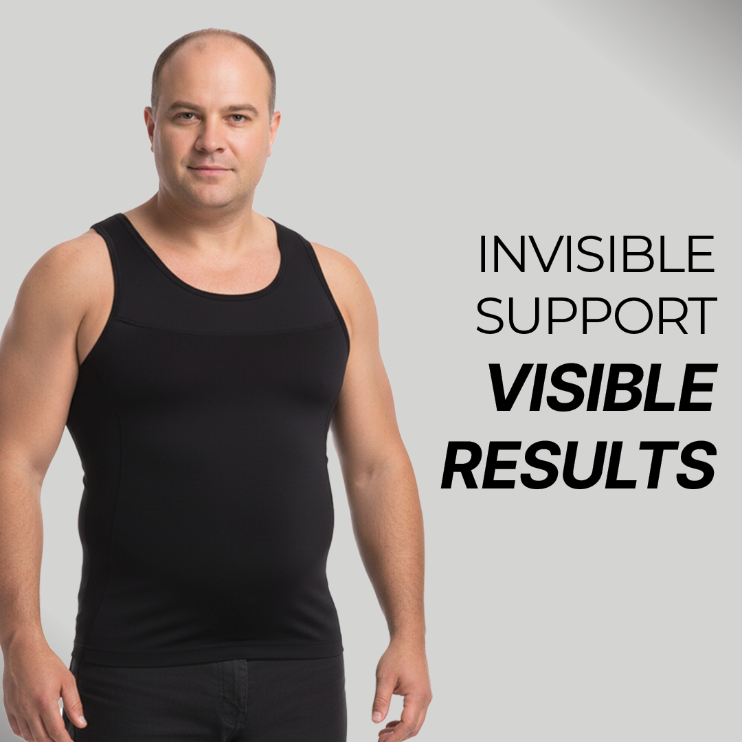 Men's black compression tank top with reinforced chest panels for a smooth, athletic silhouette