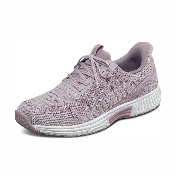 Women's orthopedic slip-on sneakers in neutral knit fabric with hands-free entry and cushioned sole