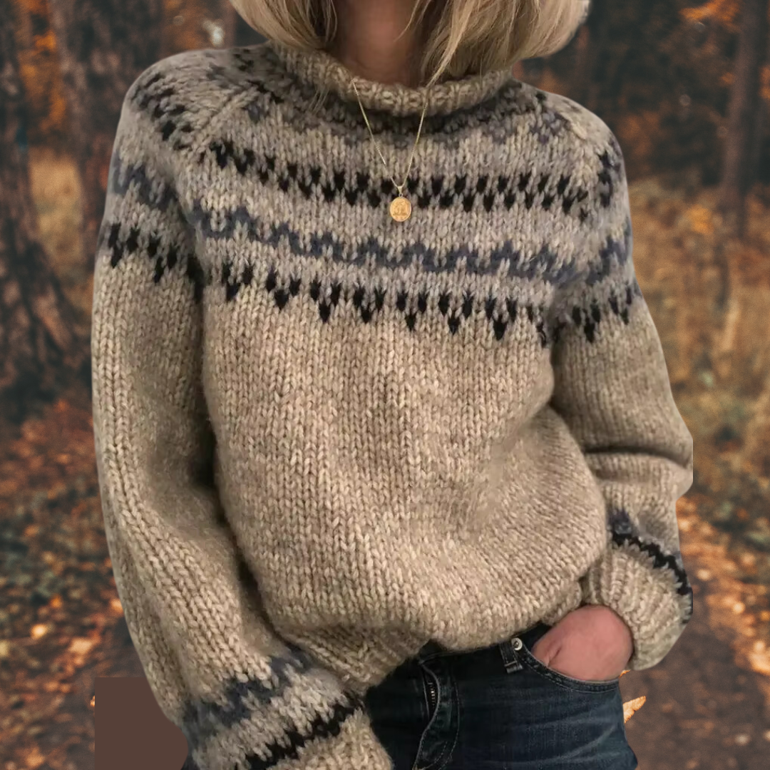 Women's warm patterned winter knit sweater in cozy fit, chic layering essential with bold woven design