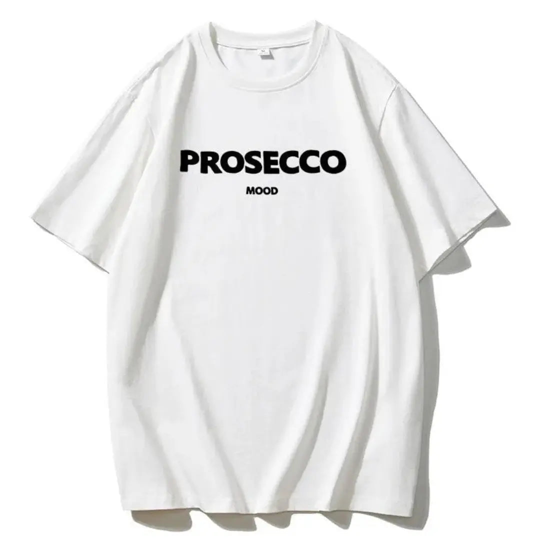 Women's white oversized statement tee with bold "Prosecco Mood" graphic print, relaxed unisex fit