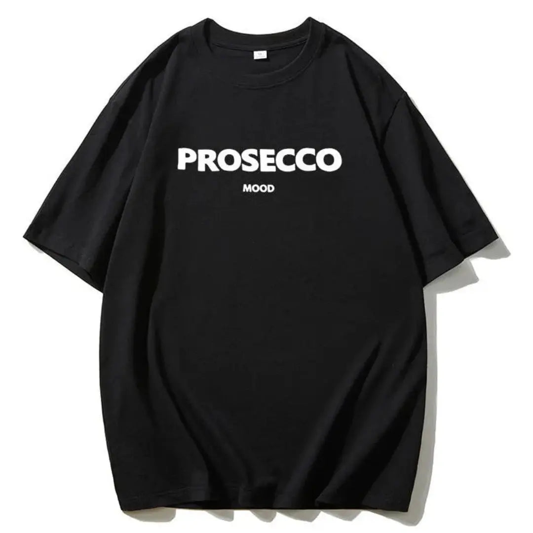 White oversized unisex statement tee bold "PROSECCO MOOD" graphic print relaxed fit fashion essential