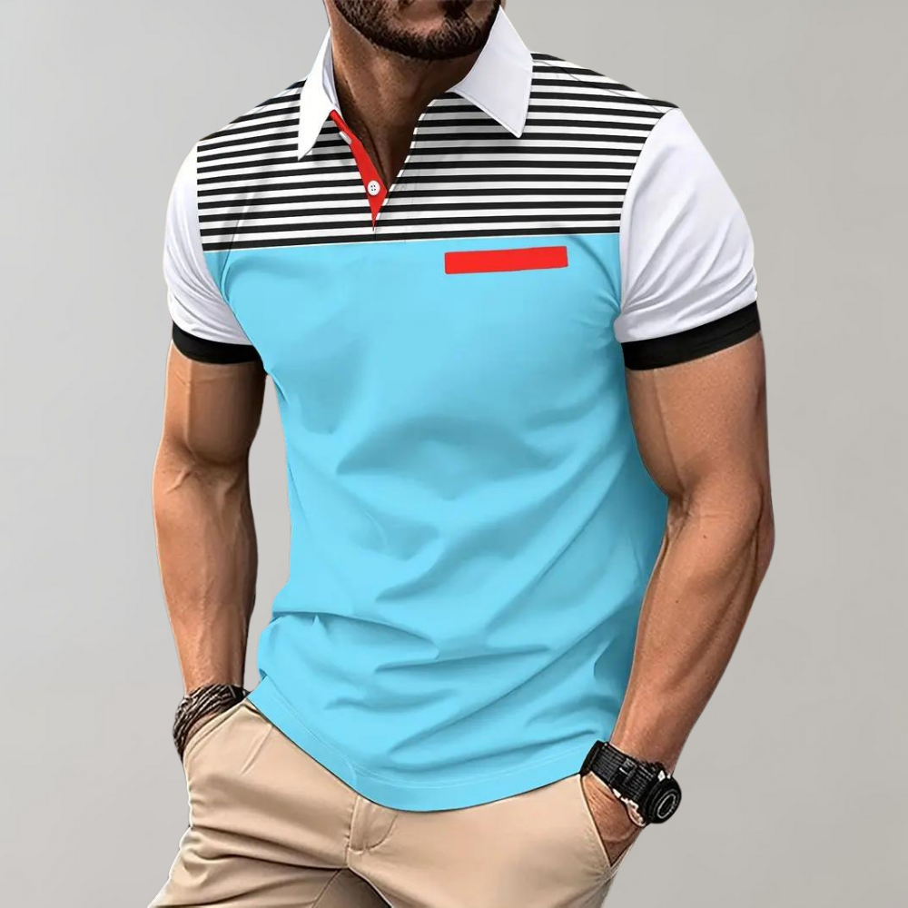 Men's slim fit polo shirt striped chest contrast sleeves breathable modern casual style