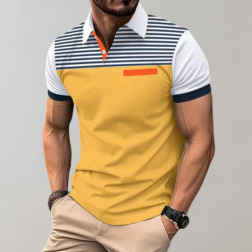 Men's slim fit polo shirt white striped chest contrast sleeves breathable modern style