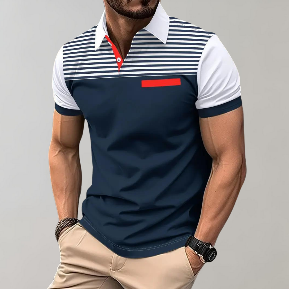 Men's slim fit polo shirt striped chest contrast sleeves breathable modern style