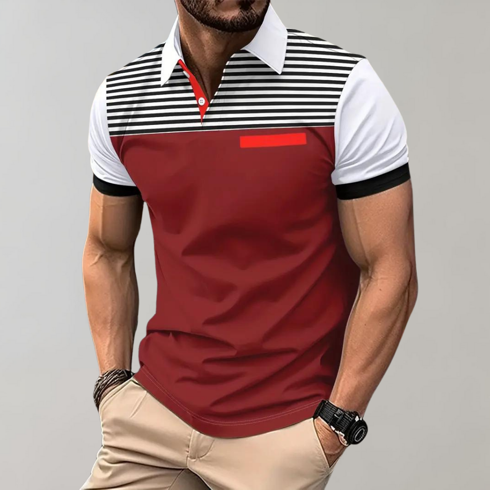 Men's slim fit polo shirt striped chest contrast sleeves breathable fabric modern style