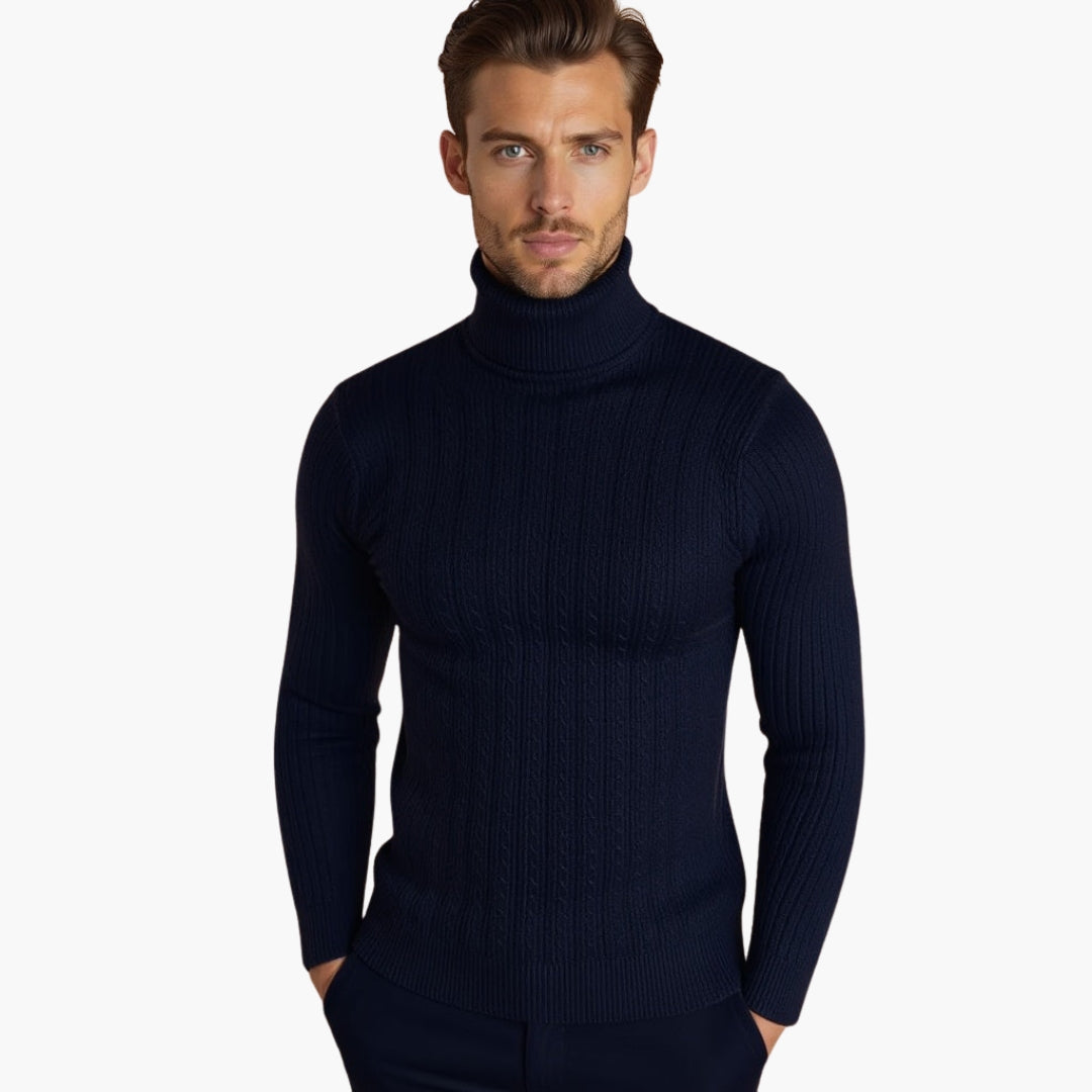 Men's cable knit turtleneck sweater with foldable high collar and ribbed hem for everyday wear
