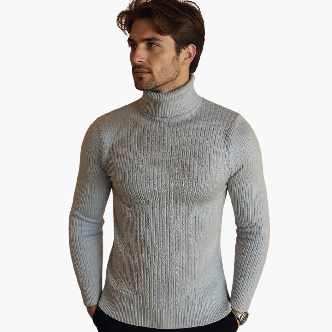Men's cable knit turtleneck sweater with foldable high collar and ribbed hem for everyday wear