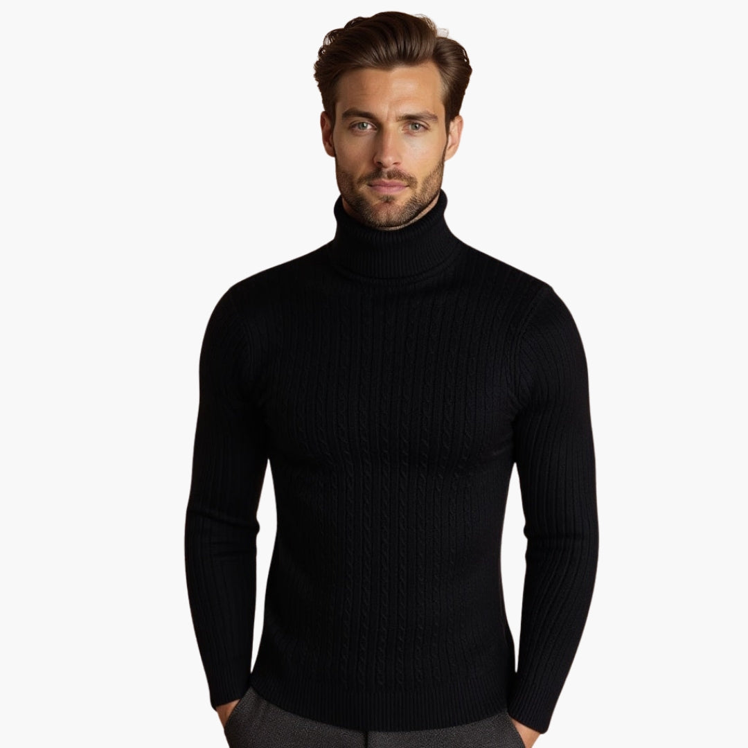 Men's cable knit turtleneck sweater with foldable high collar and ribbed hem for everyday wear