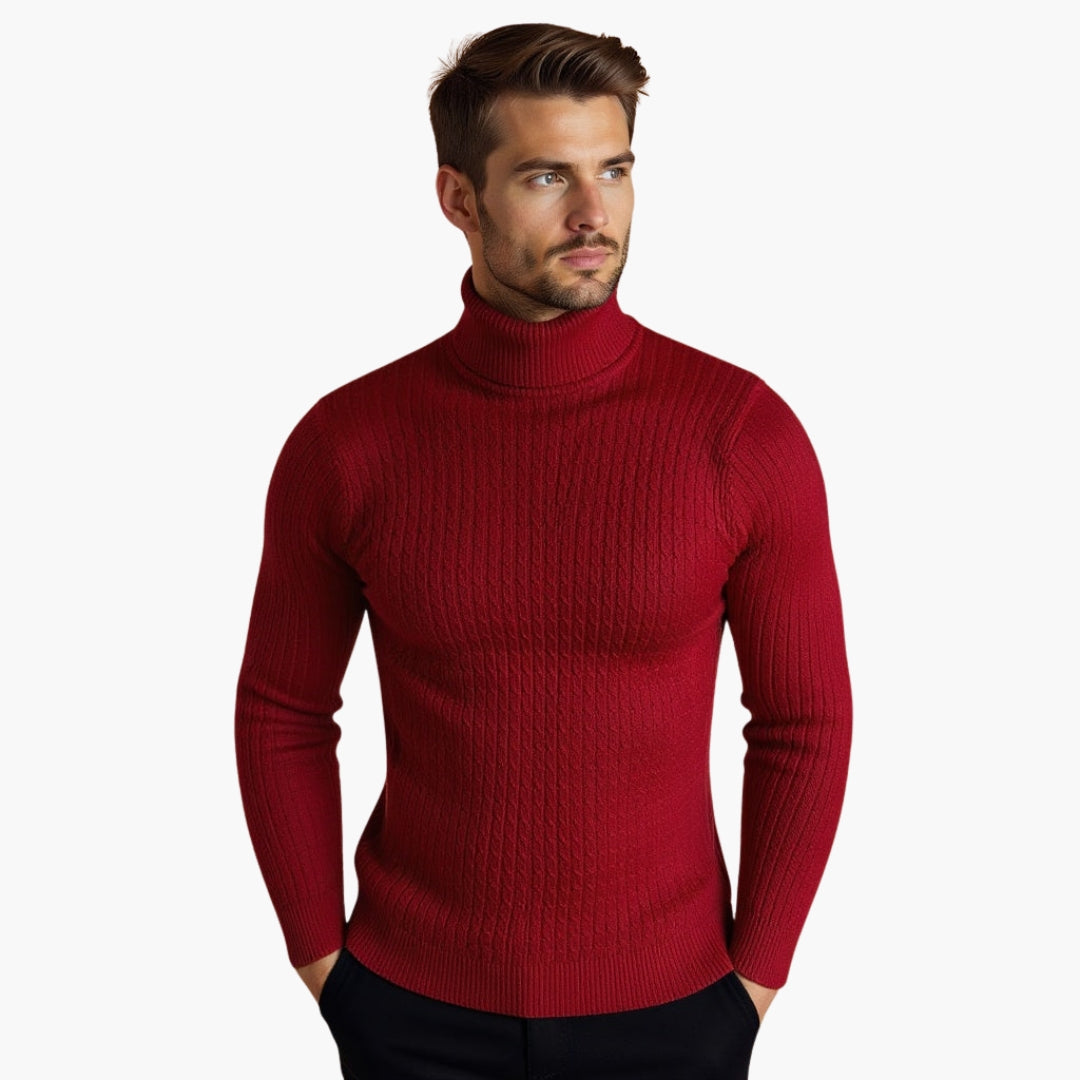 Men's cable knit turtleneck sweater with high foldable collar and ribbed hem for everyday wear