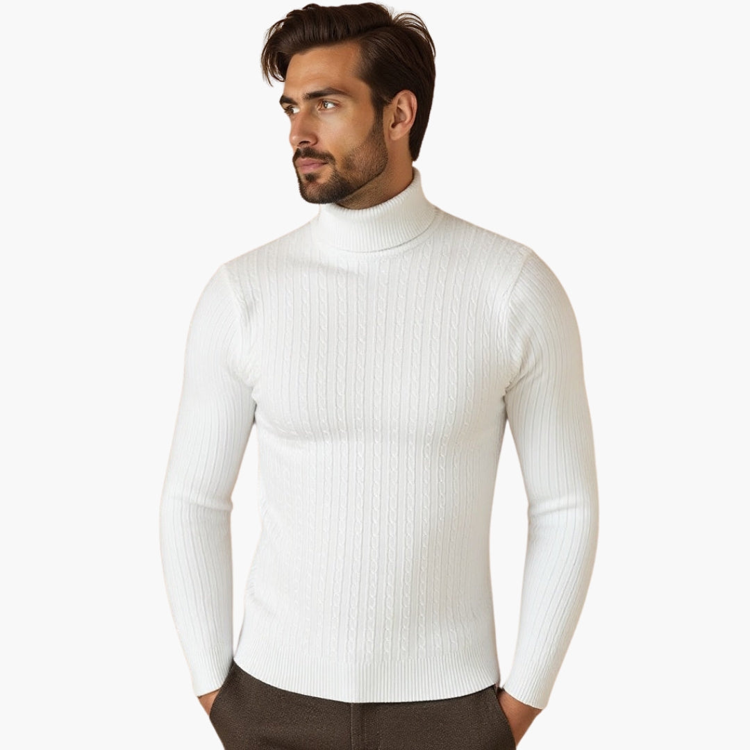 Men's cable knit turtleneck sweater with foldable high collar and ribbed hem for layered looks