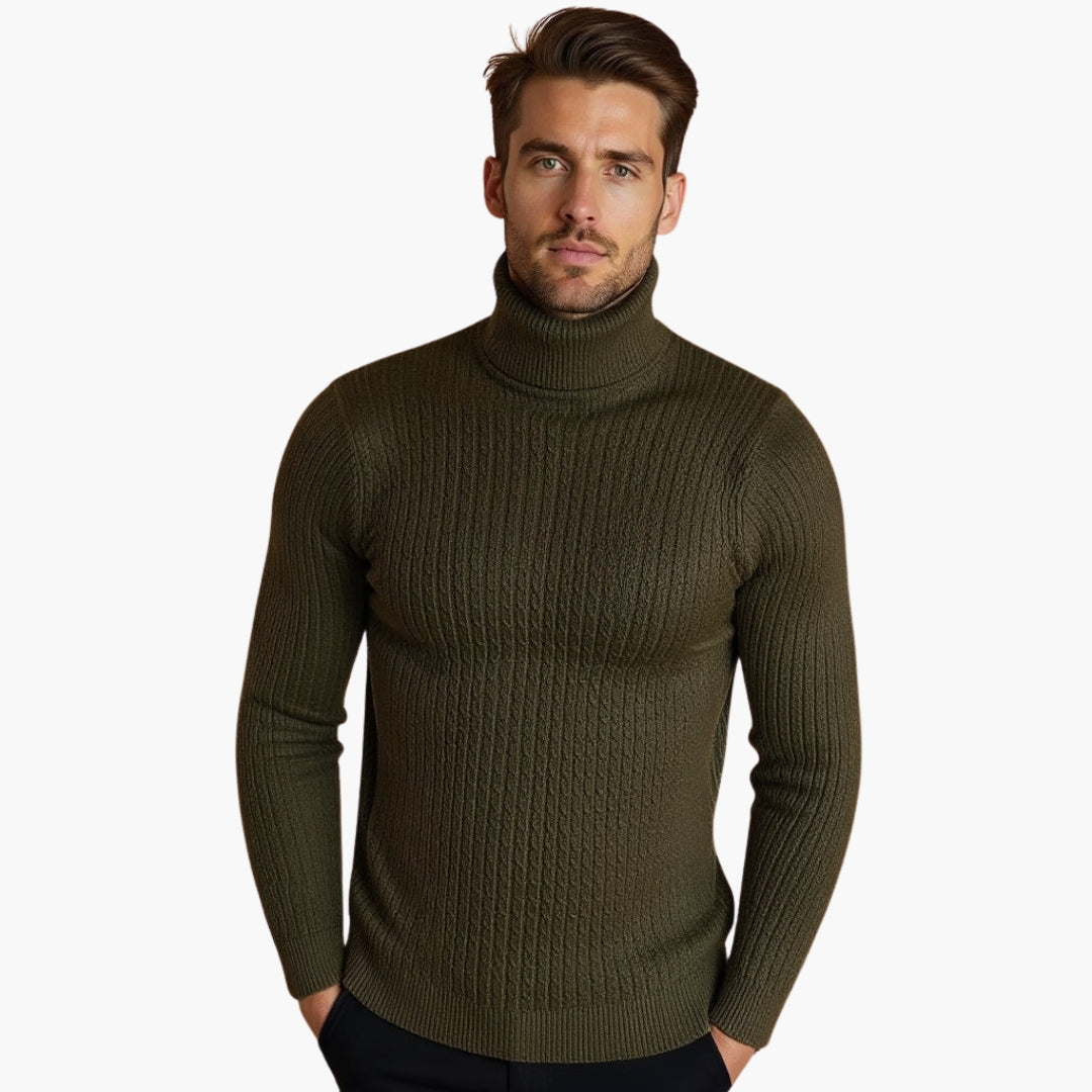 Men's cable knit turtleneck sweater with foldable high collar and ribbed hem for everyday wear