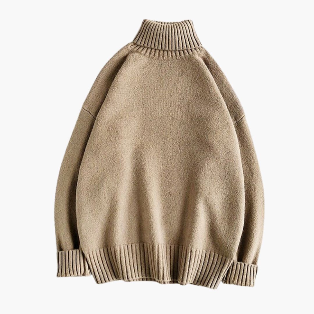 Men's ribbed turtleneck knit sweater relaxed fit cozy layering top for autumn winter warmth