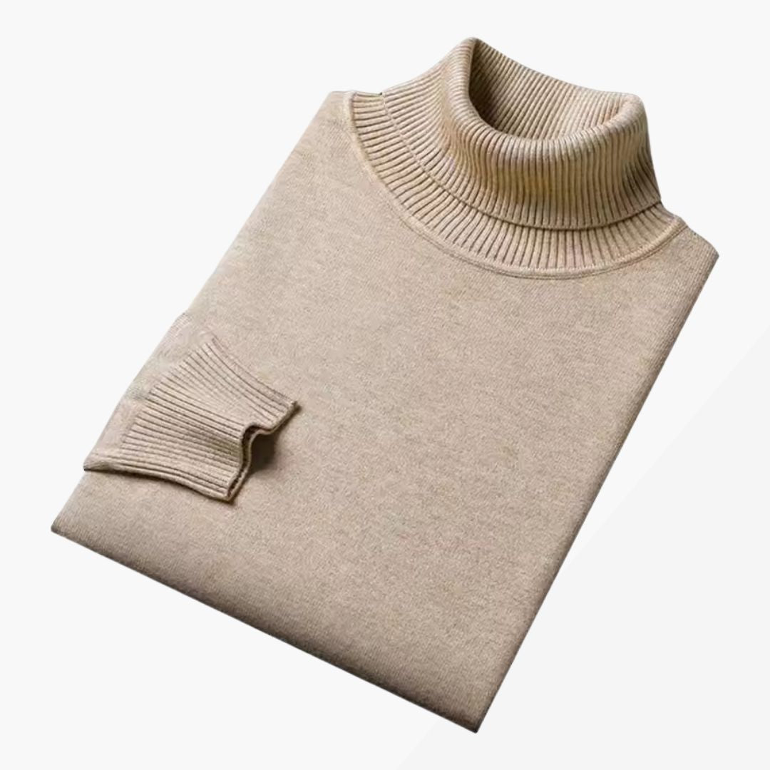 Men's solid knit turtleneck sweater with ribbed collar, cuffs, and straight hem for everyday warmth