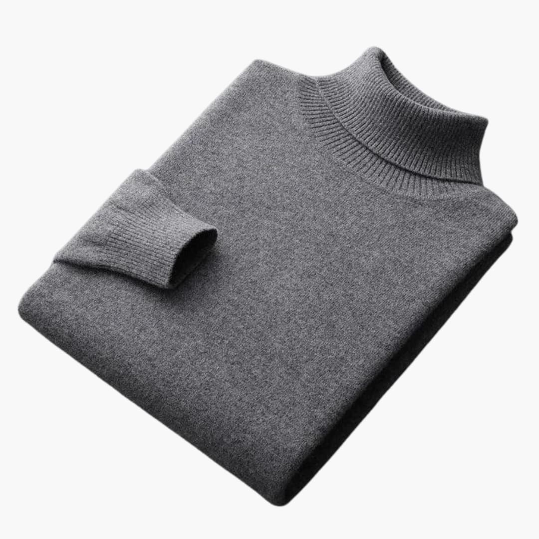 Men's solid knit turtleneck sweater with ribbed collar, cuffs, and straight hem for everyday layering