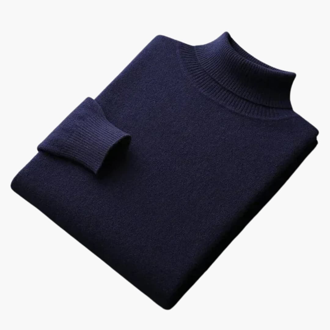 Men's solid knit turtleneck sweater with ribbed collar, cuffs, and straight hem for everyday layering