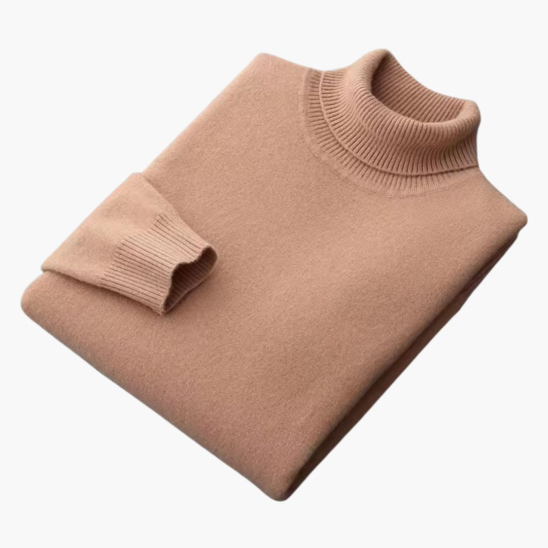Men's solid knit turtleneck sweater with ribbed collar, cuffs, and straight hem for everyday layering
