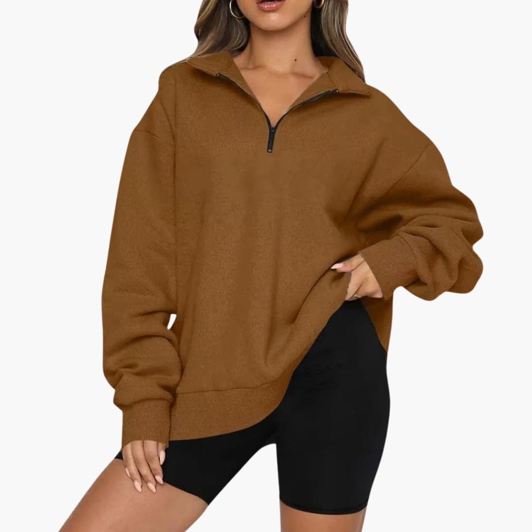 Women's half-zip pullover stand-up collar straight cut versatile everyday warmth neutral toned