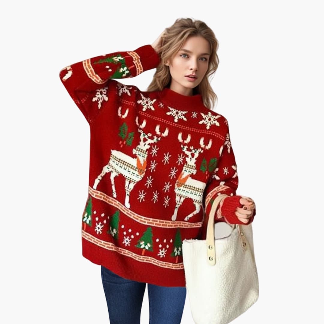 Women's festive high neck sweater reindeer pine tree pattern cozy relaxed fit holiday essential