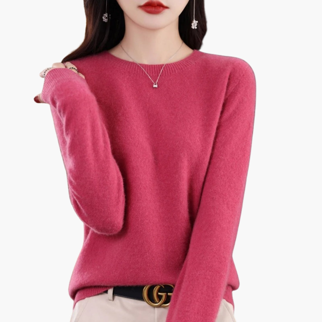 Women's ivory round neck knit pullover sweater regular fit long sleeves ribbed cuffs textured knit