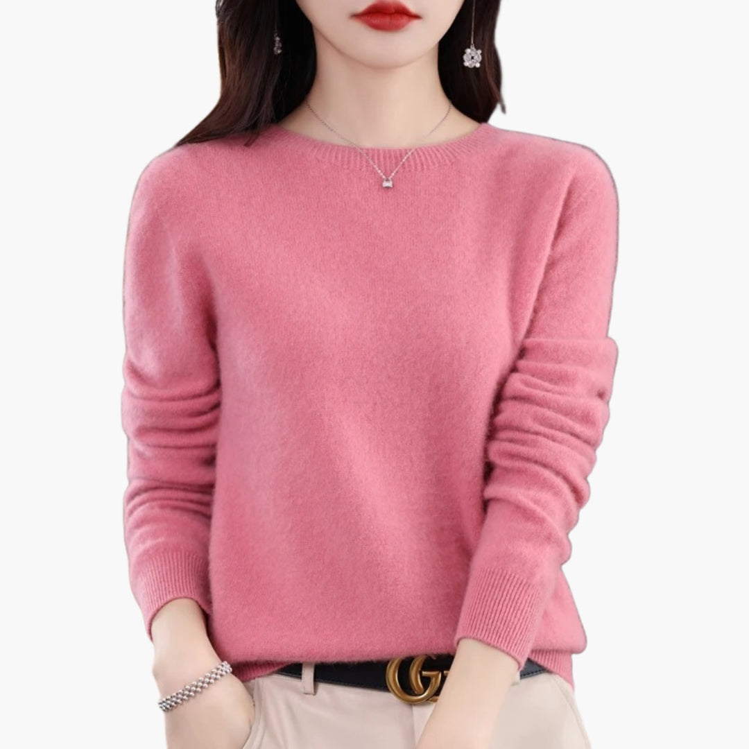 Women's round neck knit pullover sweater in neutral tones, regular fit, long sleeves with ribbed cuffs