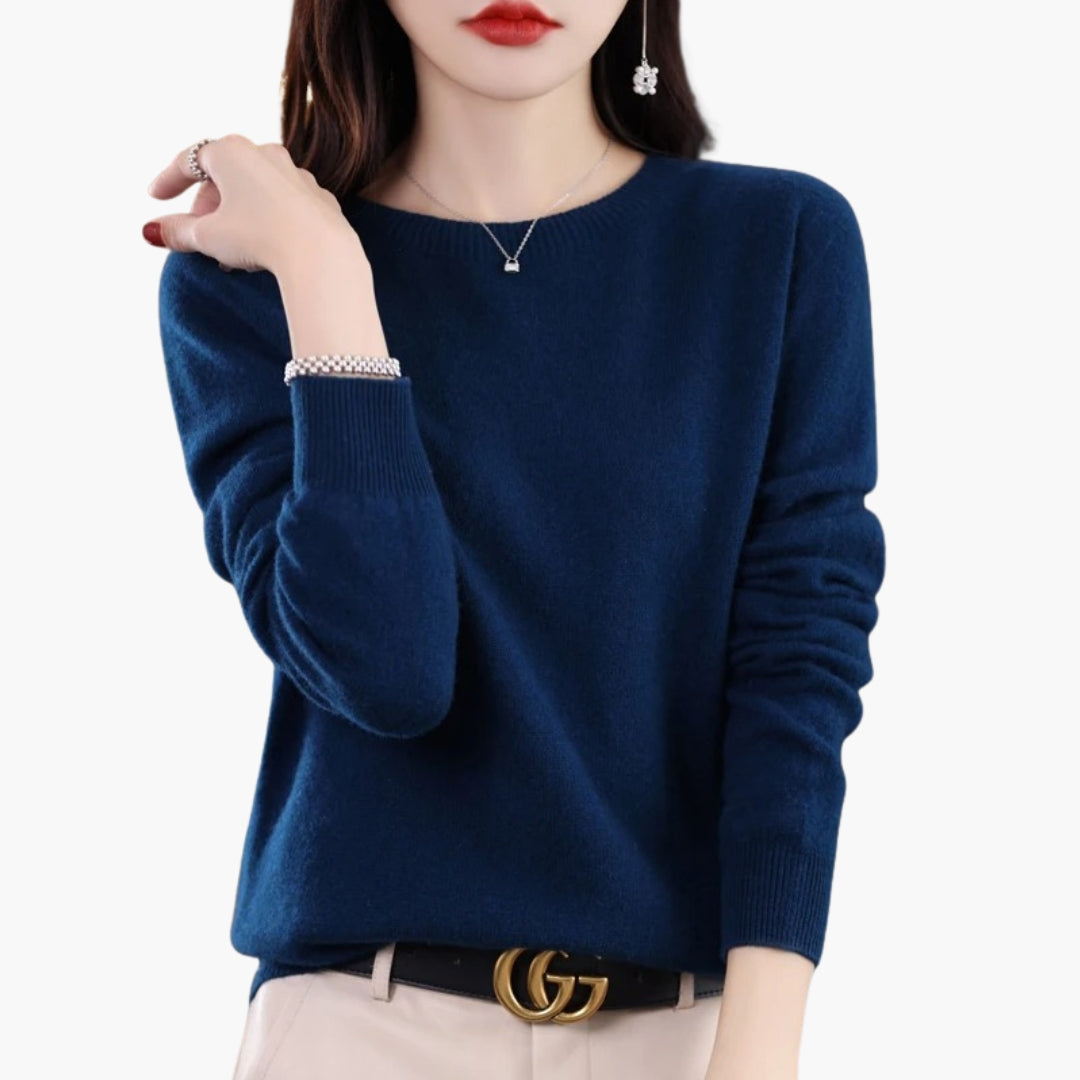 Women's ivory round neck knit pullover sweater regular fit long sleeves ribbed cuffs textured knit