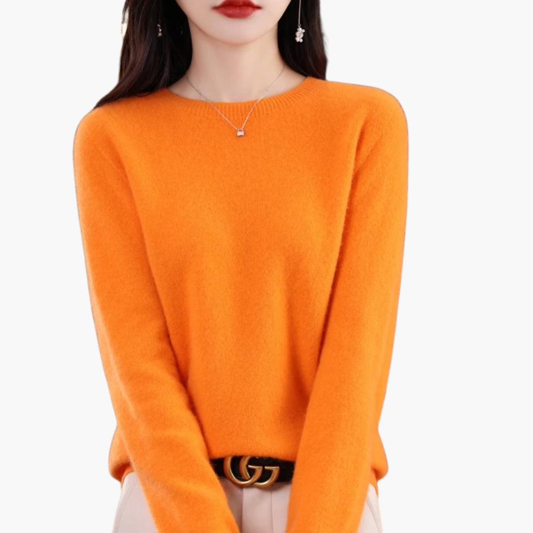 Women's camel round neck knit pullover sweater regular fit ribbed cuffs long sleeve casual comfort