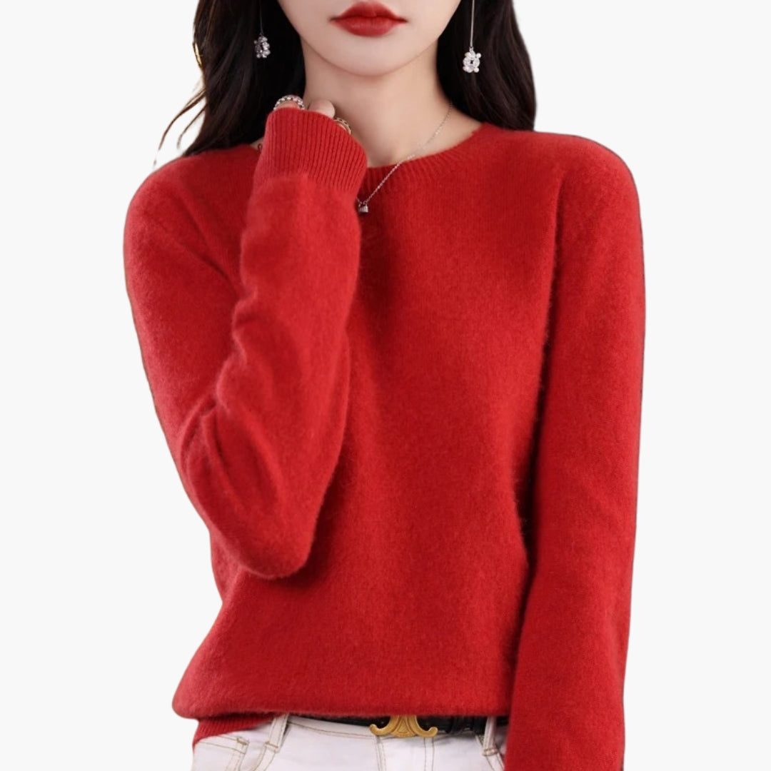 Women's beige round neck knit pullover sweater regular fit long sleeves ribbed cuffs textured knit