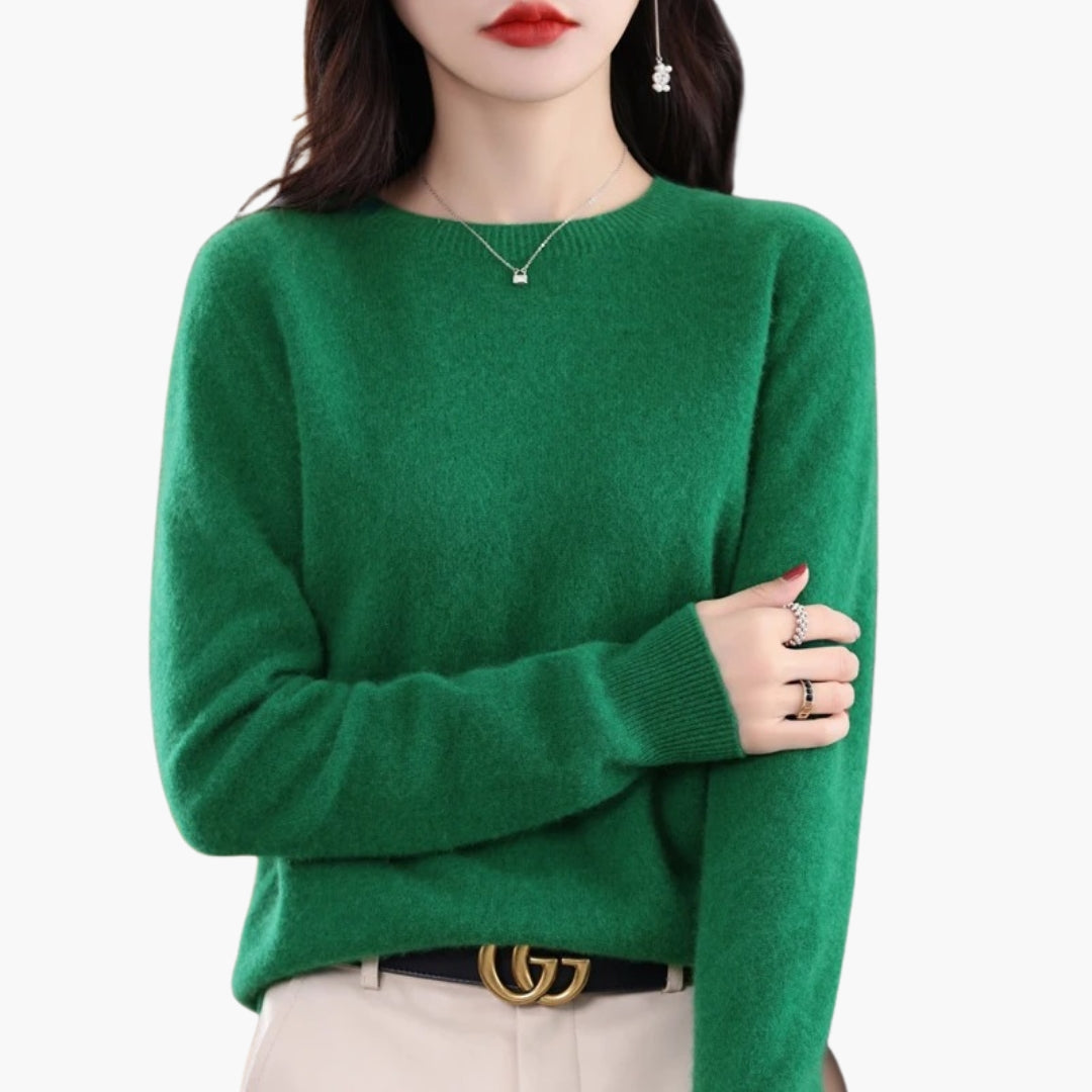 Women's ivory round neck pullover sweater regular fit textured knit long sleeves ribbed cuffs casual