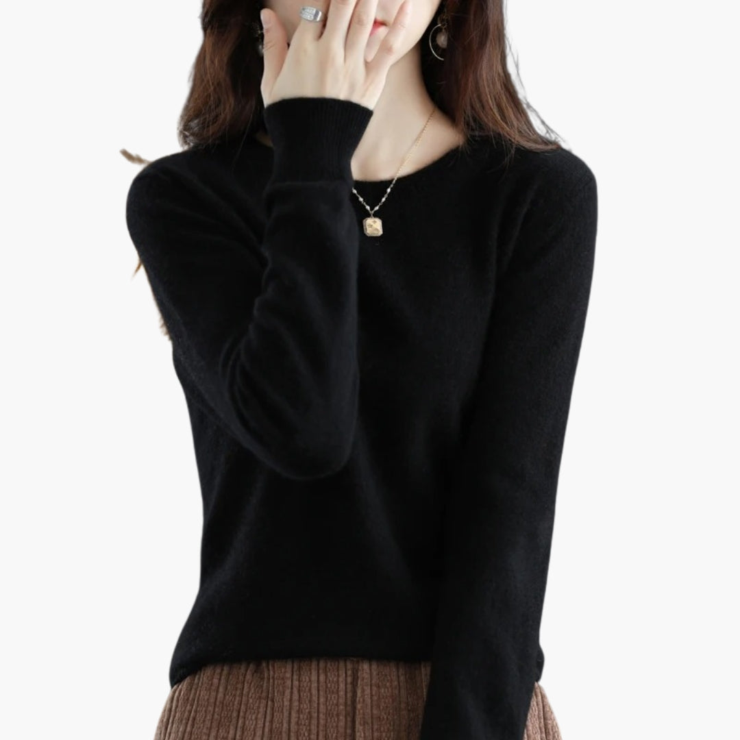 Women's beige round neck knit pullover sweater, regular fit, long sleeves with ribbed cuffs