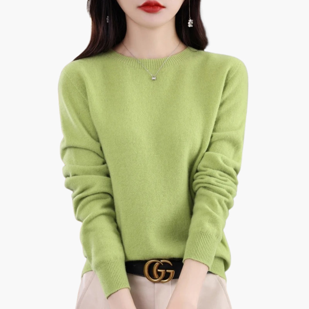 Women's ivory round neck knit pullover sweater regular fit long sleeves ribbed cuffs textured knit