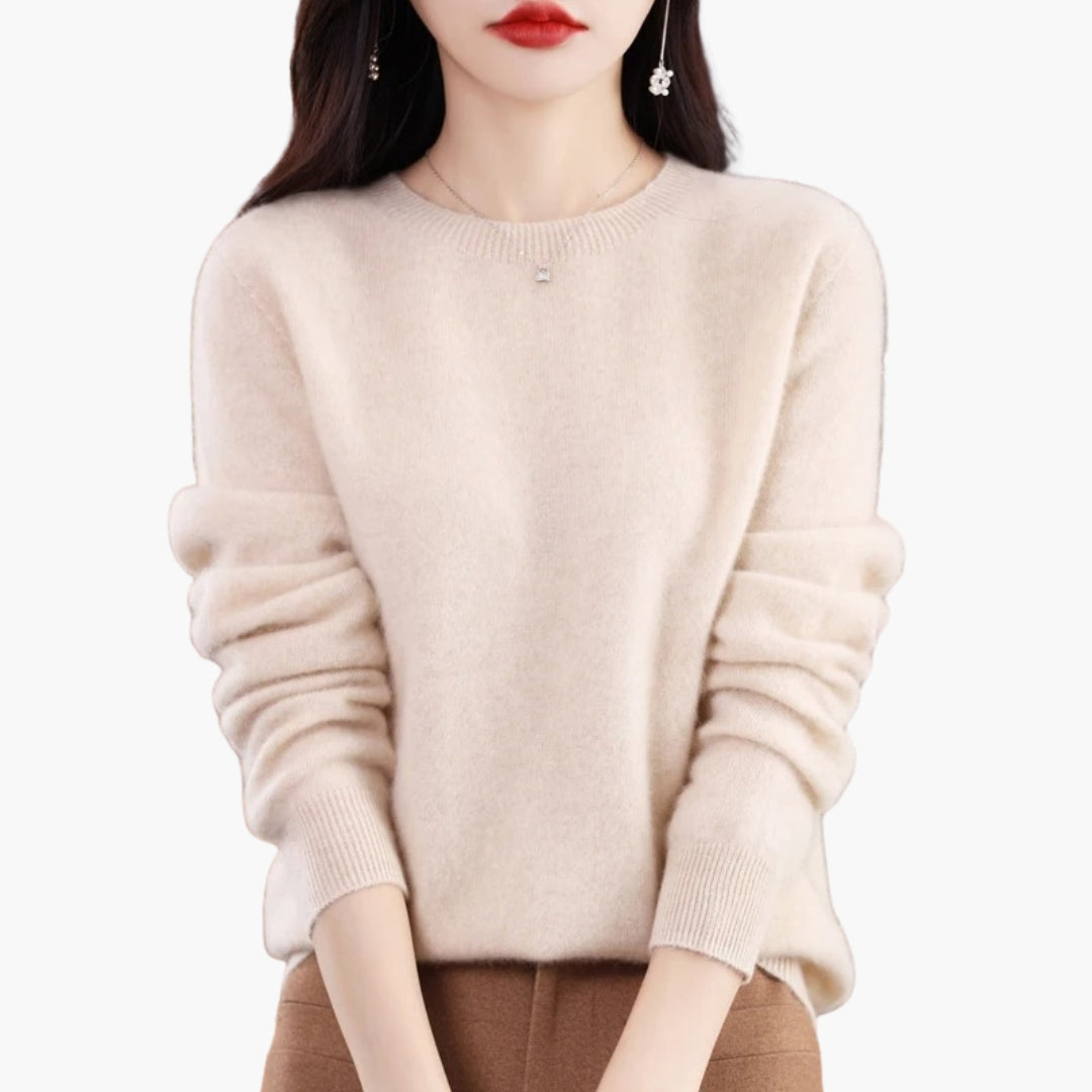 Women's cream round neck knit pullover sweater, regular fit long sleeves with ribbed cuffs
