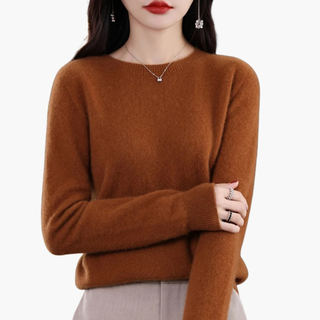 Women's cream round neck knit pullover sweater regular fit long sleeves with ribbed cuffs casual style