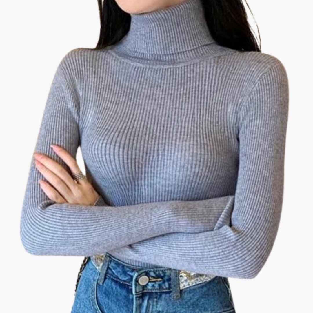 Women's fitted ribbed knit turtleneck sweater with long sleeves, high neck coverage for layering