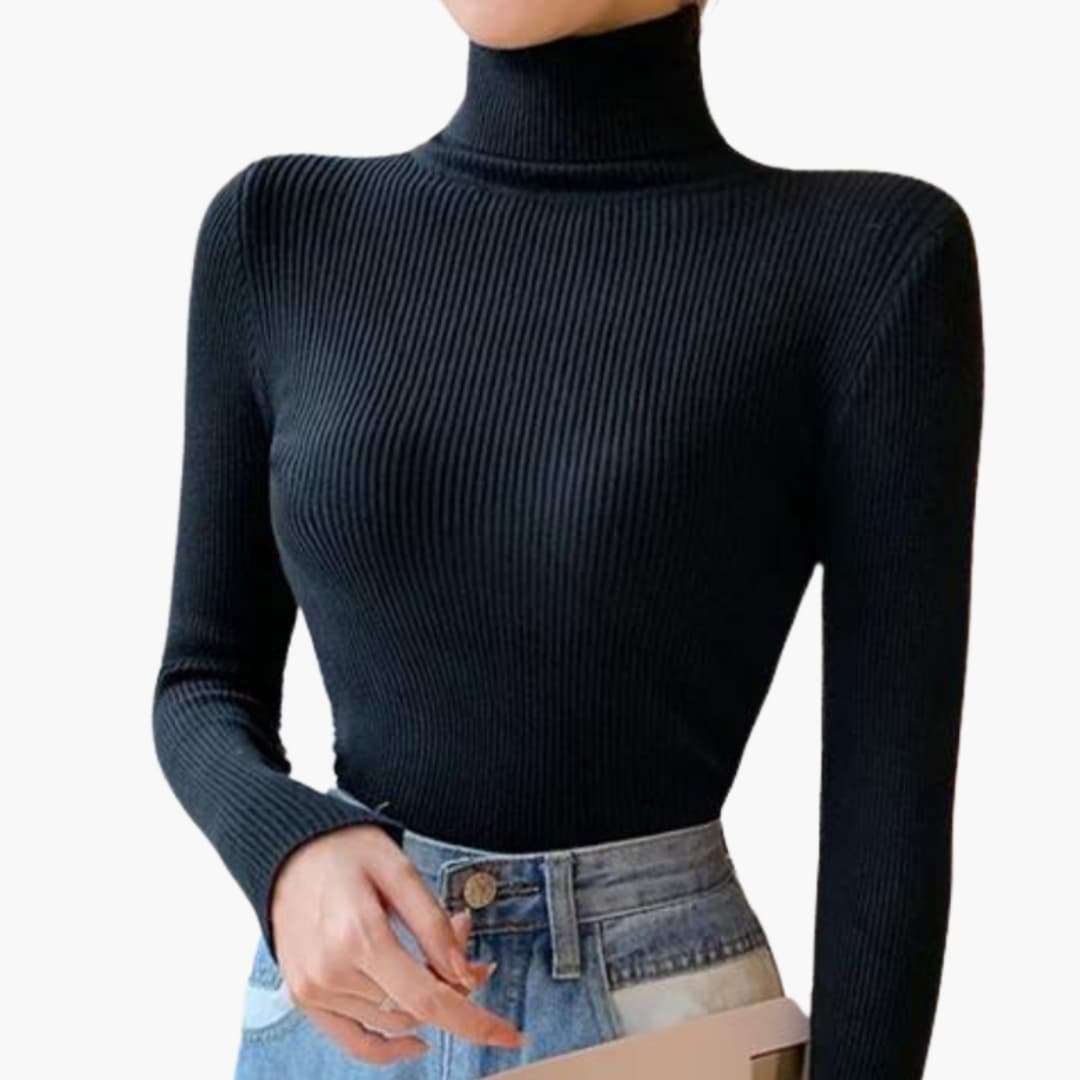 Women's fitted ribbed knit turtleneck sweater with long sleeves for effortless layering and everyday style