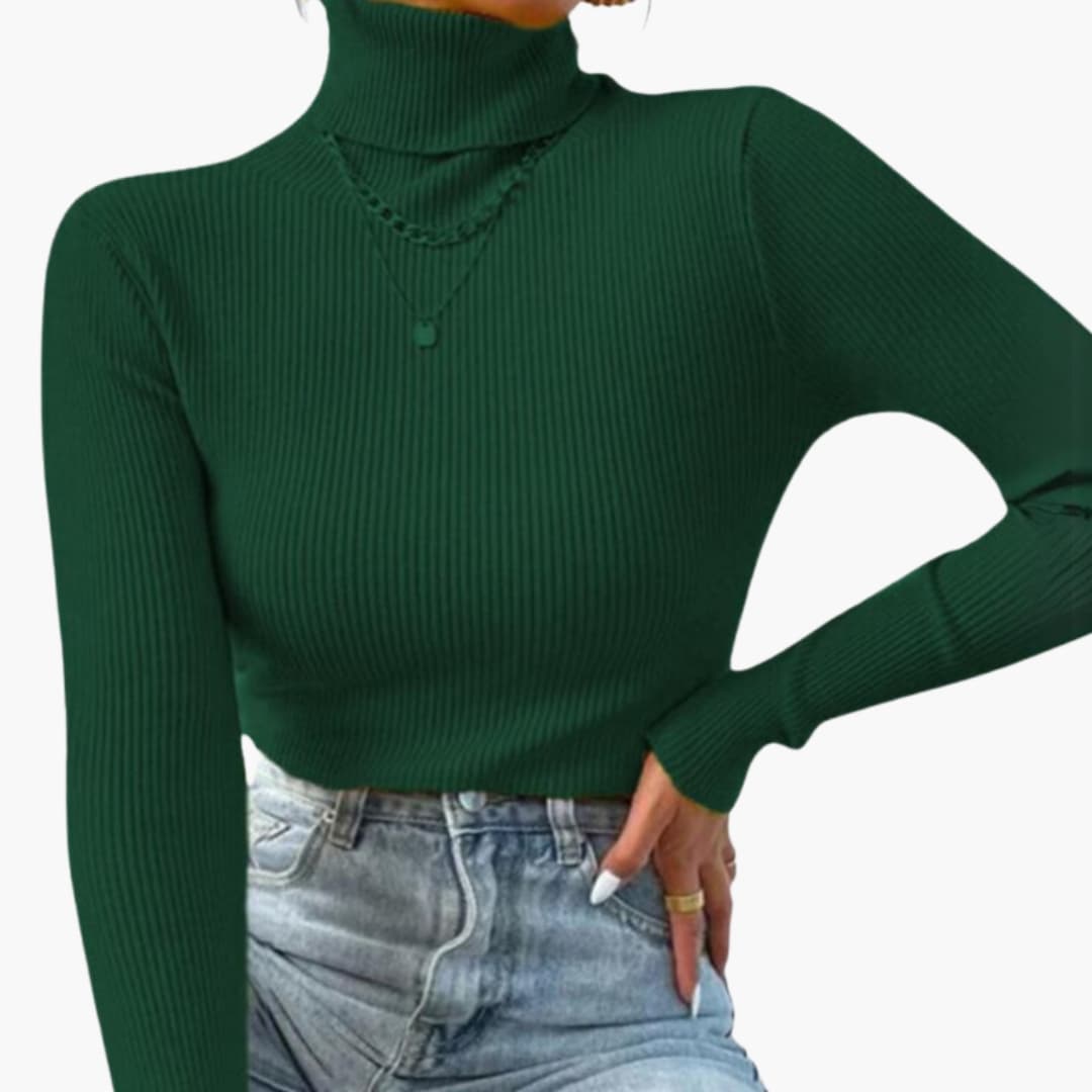 Women's fitted ribbed knit turtleneck sweater with long sleeves for effortless layering