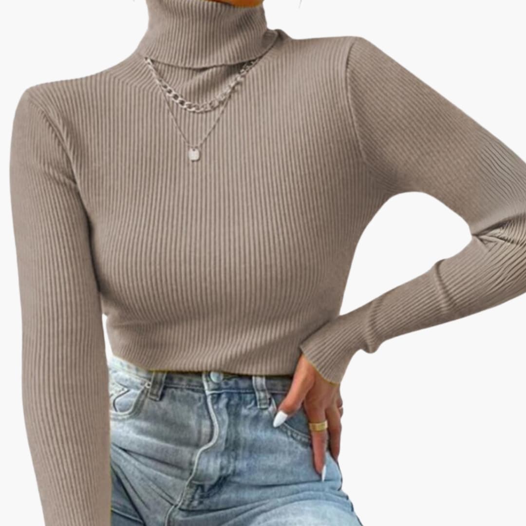 Women's fitted ribbed knit turtleneck sweater with long sleeves, high neck coverage for layering