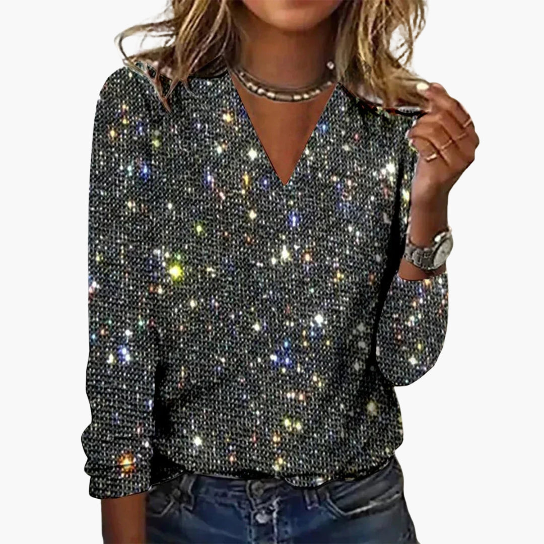 Women's silver sequin V-neck knit sweater long sleeves sparkling festive pullover party-ready glamour