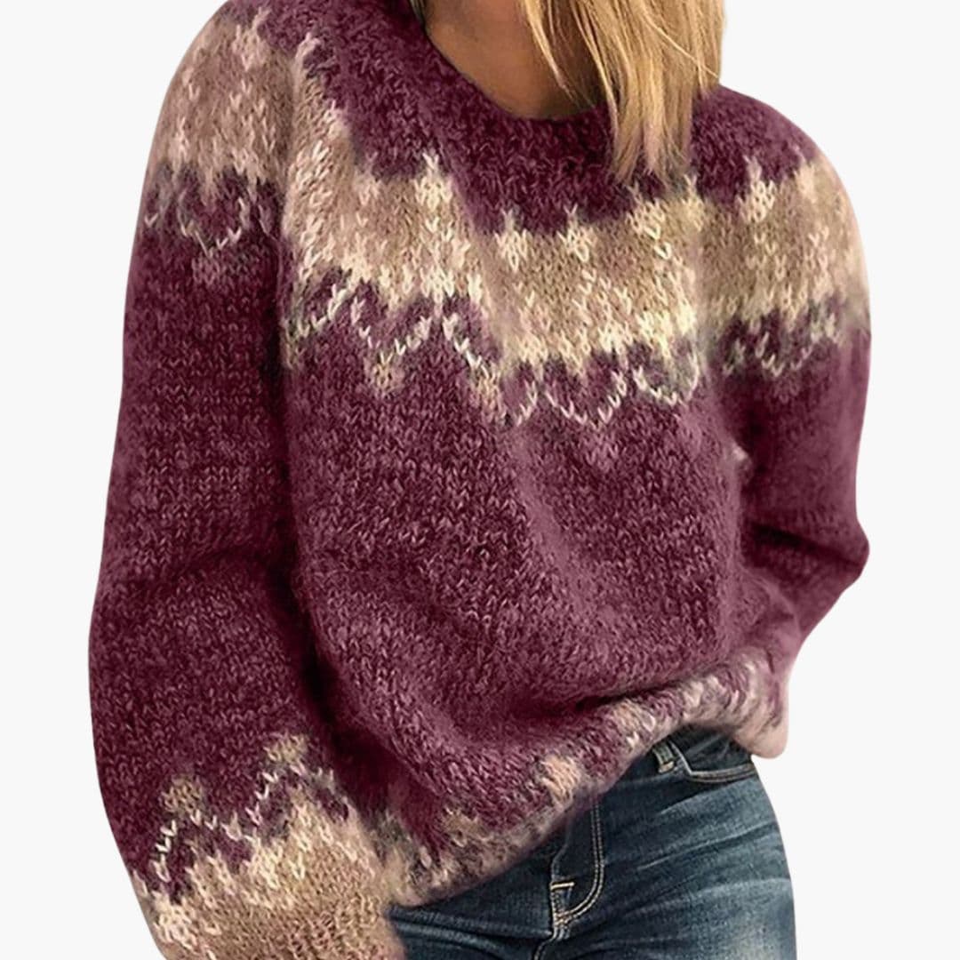 Women's cream Nordic knit sweater with patterned yoke, round neck, thick cozy pullover