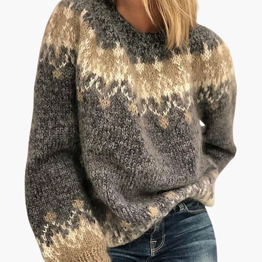 Women's Nordic knit sweater cream and navy round neck pullover with Scandinavian patterned yoke