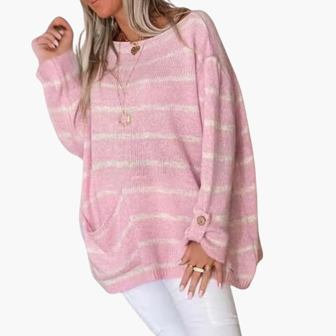 Women's loose fit striped knit sweater boat neck pullover top with front hip pocket