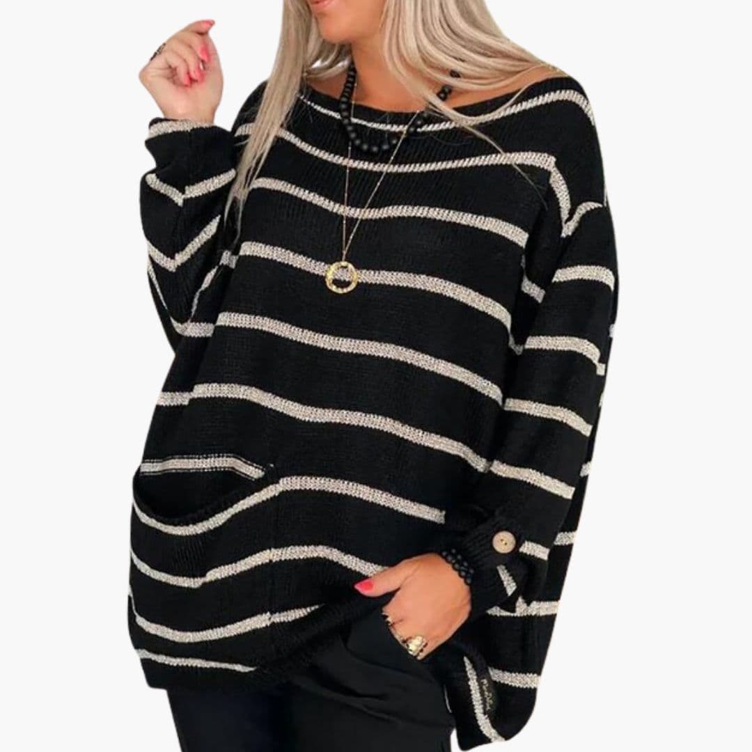Women's loose fit striped knit sweater boat neck pull-on top with front hip pocket