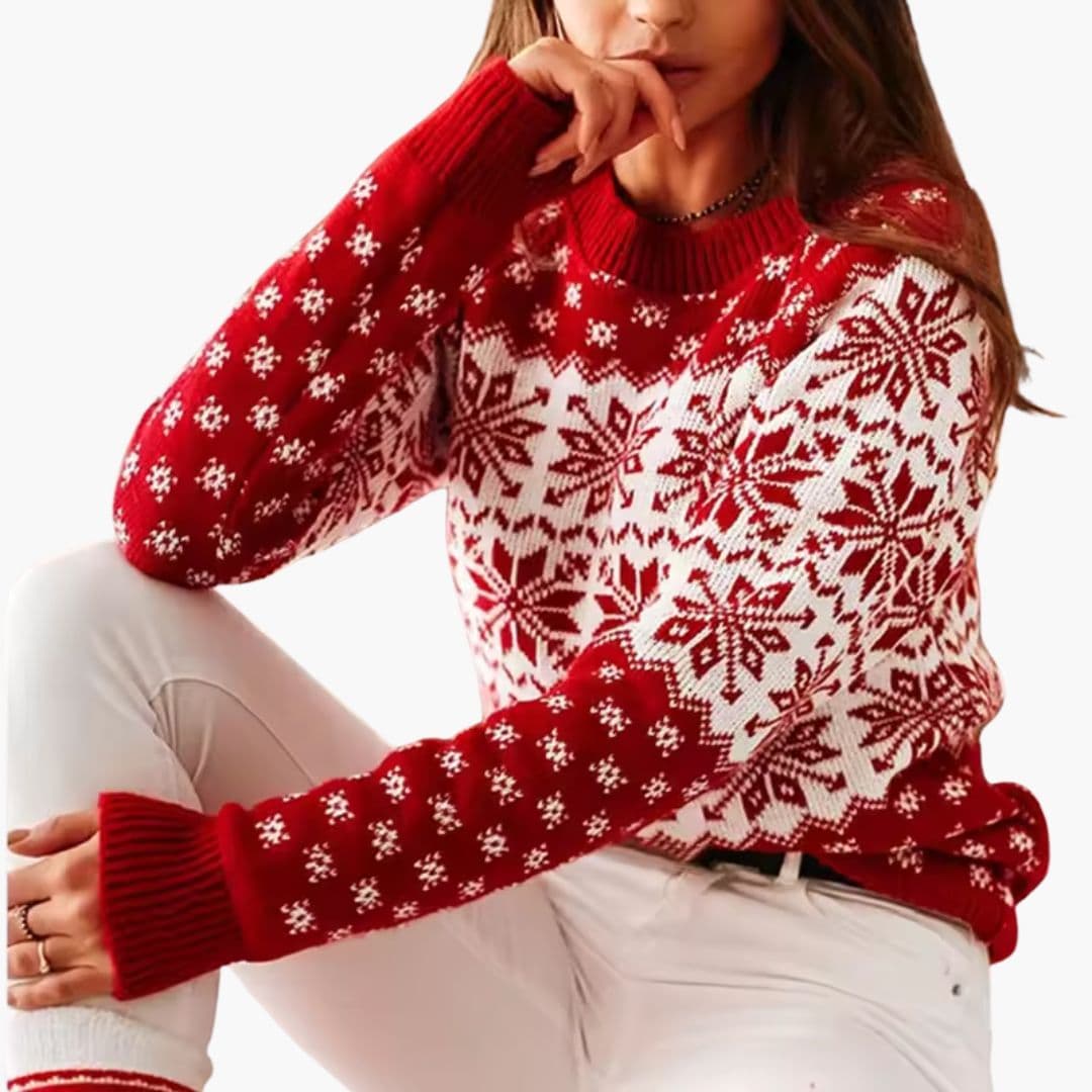 Women's geometric pattern pullover sweater round neck long sleeves ribbed cuffs casual knit top
