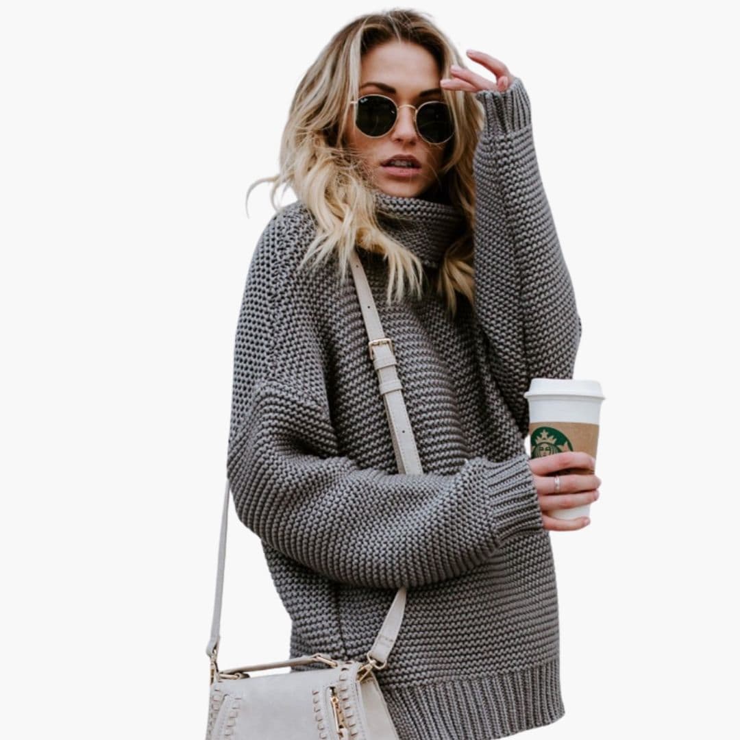 Women's chunky knit turtleneck sweater relaxed fit, thick textured cozy winter pullover