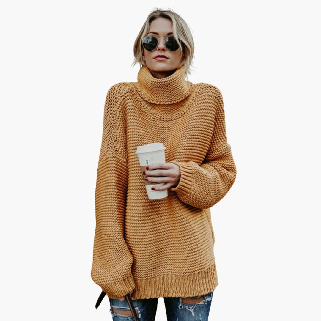 Women's chunky knit turtleneck sweater relaxed fit thick textured cozy winter warmth tall collar