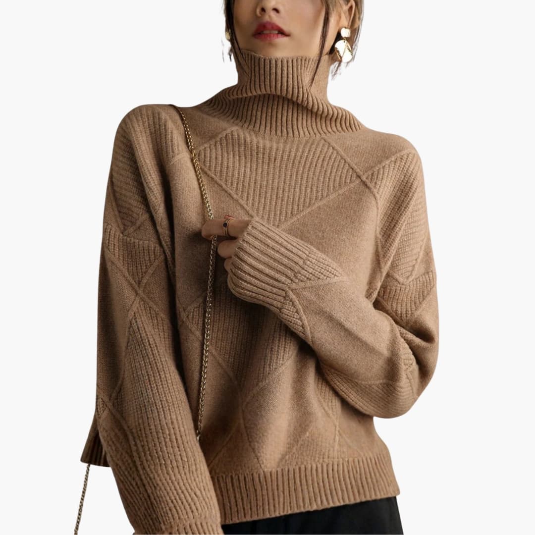 Women's ivory turtleneck knit pullover with geometric ribbed pattern, cozy high collar, long sleeves
