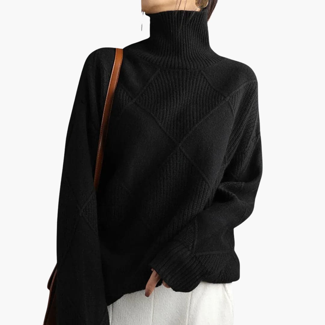 Women's beige turtleneck knit pullover sweater with geometric ribbed pattern, cozy high collar