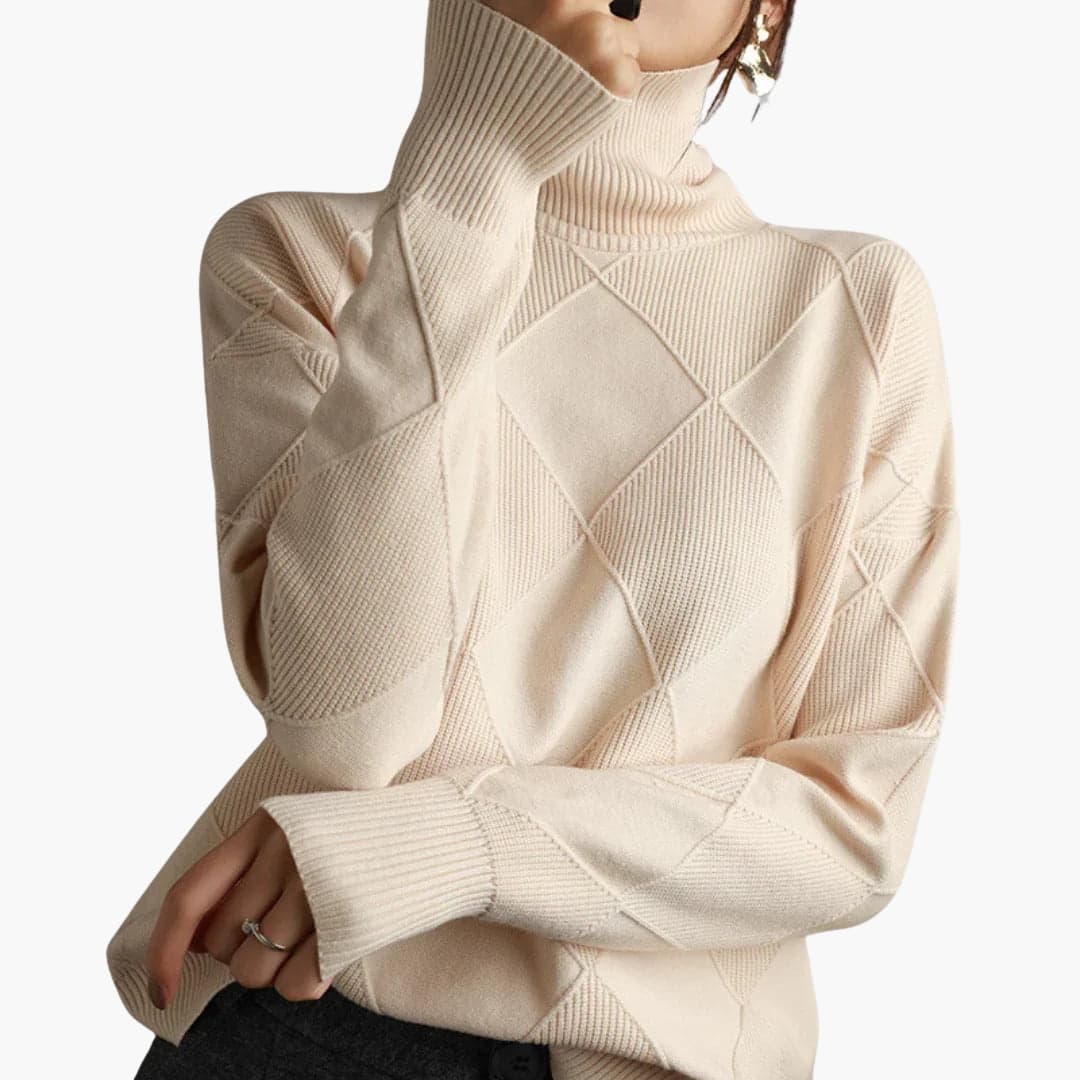 Women's beige turtleneck knit pullover with geometric ribbed pattern, cozy high collar, long sleeves
