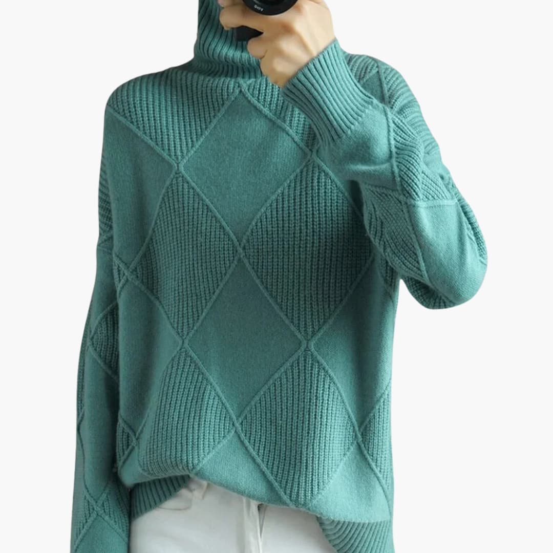 Women's beige turtleneck pullover sweater with geometric ribbed knit pattern, cozy high collar